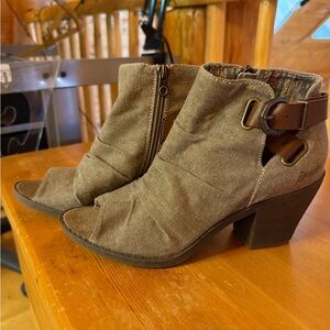 Blowfish Taupe Canvas Peep-Toe Ankle Booties with Buckle
